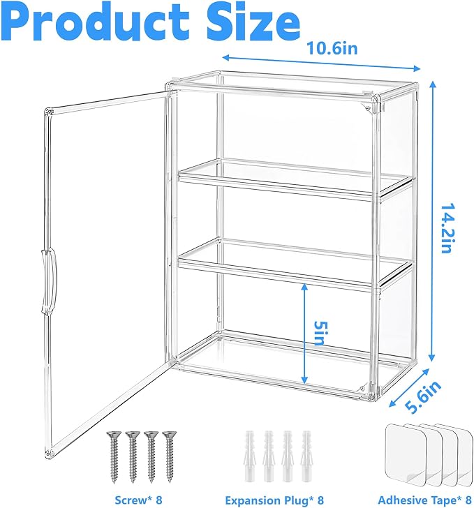 3 Tier Clear Display Case for Figures,Acrylic Storage Organizer Box, 2 Pack | Figure Display Case with 2 Movable Plates, Stackable Display Case with Magnetic Door, Dustproof Showcase for Collectibles