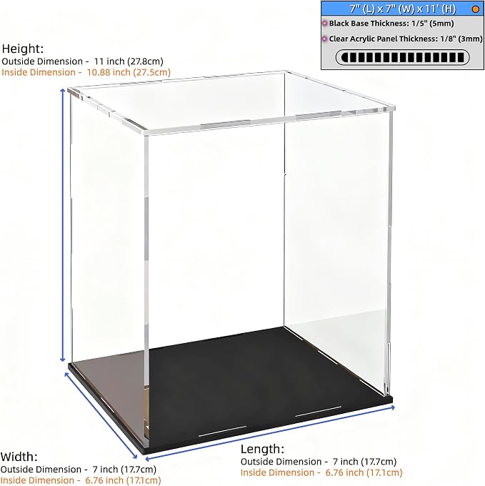 Acrylic Display Case, Clear Collectible Display Box with Matte Black Base, Dustproof Acrylic Showcase, Easy Self Assembly Storage Cases for Art Figurine, Trophy and Action Figures, 7 x 7 x 11 inch