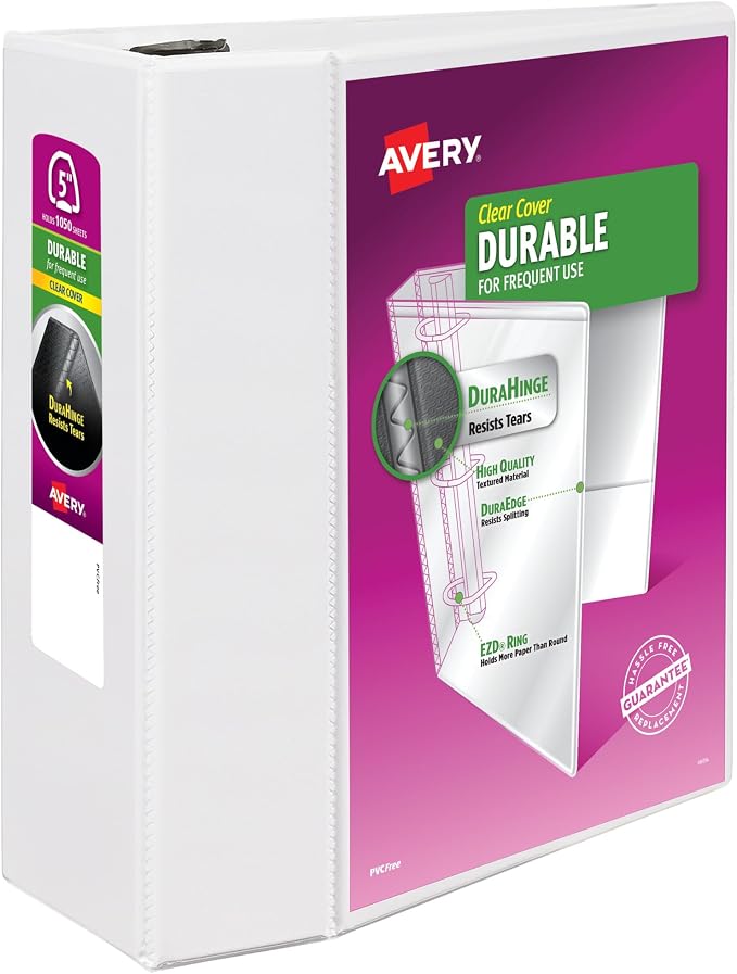 Avery(R) Durable View 3 Ring Binder, 5 Inch EZD Rings, 1 White Binder (09901) | For Daily School and Office Use, Back-Mounted Rings Keep Pages Flat, Split-Resistant Sides, Nonstick PVC-Free Pockets