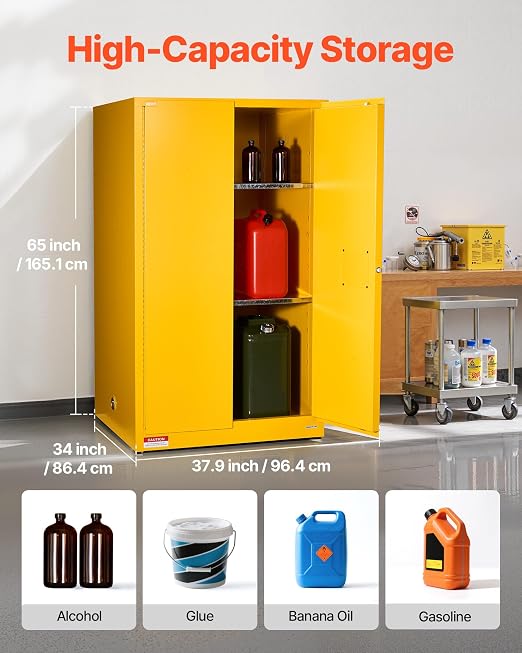 VEVOR Flammable Cabinet 34" x 38" x 65", 65 Gallon Flammable Storage Cabinet with Adjustable Shelf, Cold-Rolled and Galvanized Steel Fire Cabinets, for Commercial Industrial Home Use, Yellow
