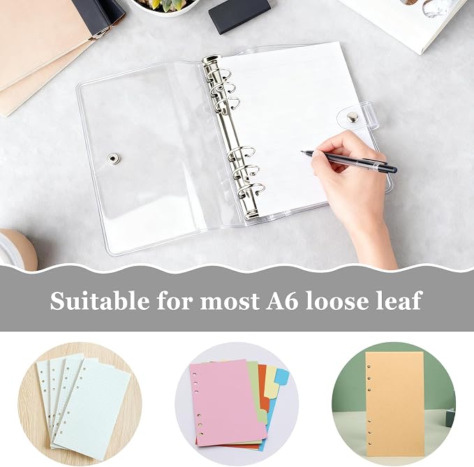 3 Pack PVC A6 Binder Transparent 6 Ring Binder Clear Soft PVC Notebook Cover Budget Planner Folder Cover with Snap Button