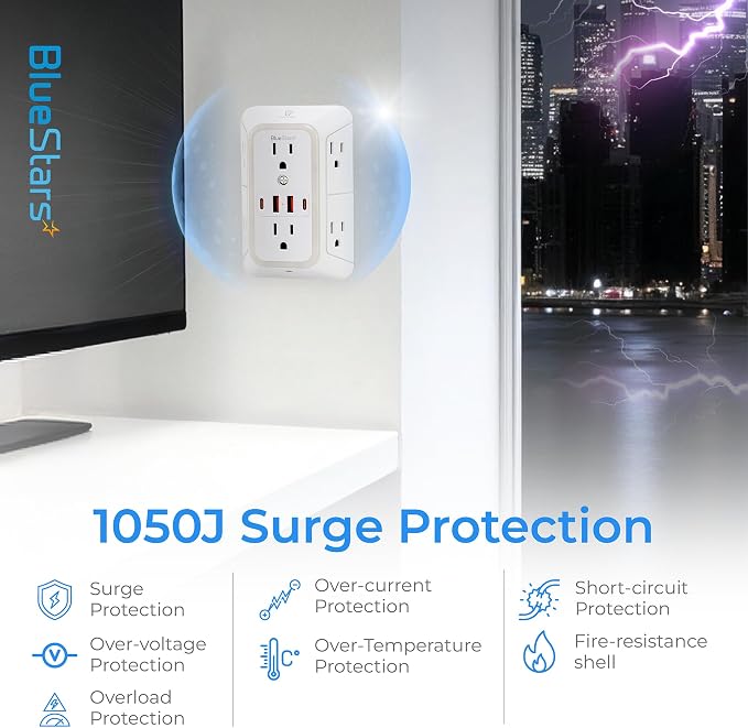 Wall Mount Power Strips Wall Charger 6 Outlet Extender 4 USB Ports (5V, 2.4A, 12W) and Night Light 3-Sided Power Strip with Adapter Spaced Outlets - Multi Plug Outlet Surge Protector for Home Office