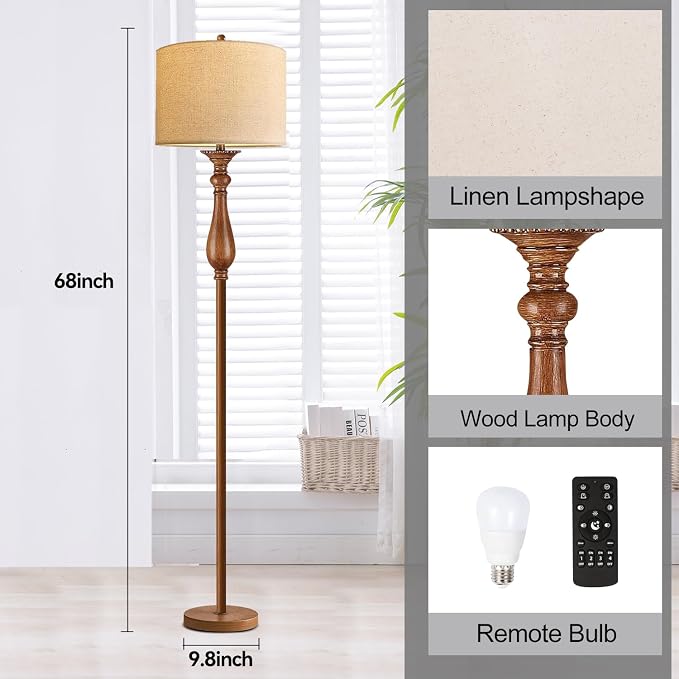 Wood Floor Lamps for Living Room Farmhouse Boho Floor Lamp with Remote Control & 3 Color Temperature,Dimmable Vintage Floor Lamp Mid Century Modern Standing Lamp Pole Tall Floor Lamp Bedroom Corner