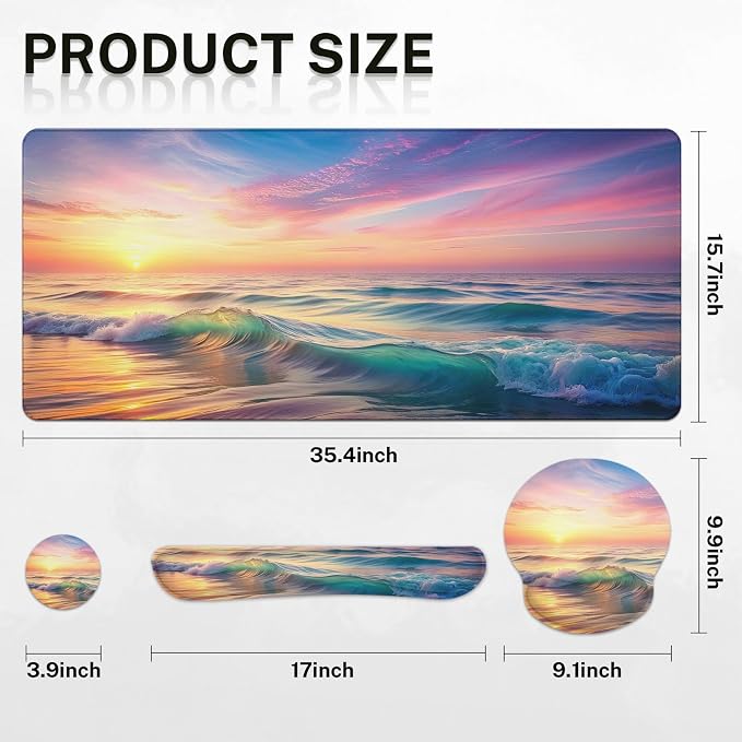 Keyboard Mouse Pad Set, 4 in 1 Desk Mat Set, Sunset Beach | Large Mousepad+Keyboard Wrist Rest+Mouse Wrist Rest+Coaster Ergonomic Design for Home Office Computer