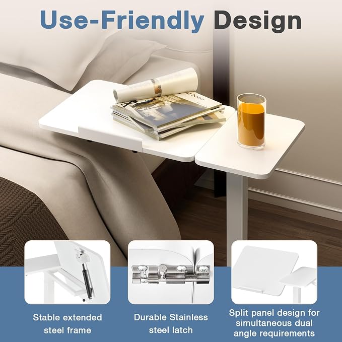 DUMOS Adjustable Bedside Overbed Table with Wheels, White | Laptop Standing Desk with Tilting Top Height, Mobile Rolling Computer Cart for Hospital Home Bedroom Use