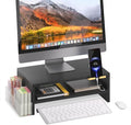 TEAMIX 2 Tiers Wood Monitor Stand Riser with Phone Holder & Side Pen Holder | Black Desk Organizer, 15.7L x 9.5W x 5.7 inch, Holds 80 lbs, Laptop/PC/Printer Stand, Ergonomic Design, Home Office Supplies