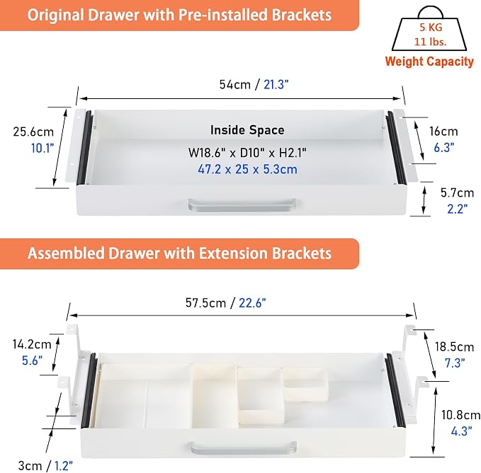 Under Desk Drawer 21" with 4 Divider Trays, Storage Drawer Organizer | White, Under Counter, Desk Accessory, Attachable for Workbench, Adjustable Brackets, for Desk Lip with Crossbar, Clamp Mount
