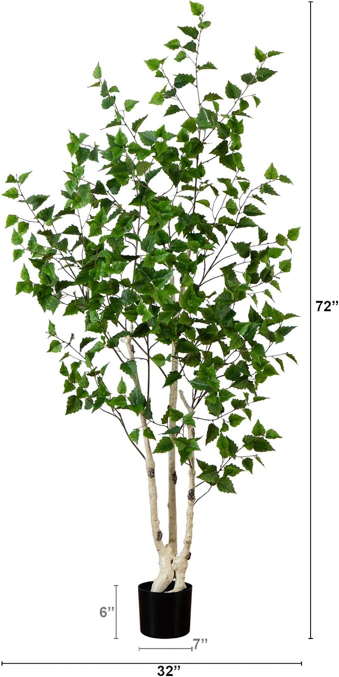 Nearly Natural 6 ft Artificial Birch Tree with Real Touch Leaves and Pot | Bendable Branches, Light-Hued Bark, Nursery Planter Included, Indoor Corner Decor, Maintenance-Free foliage