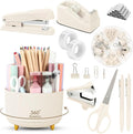SKYDUE Desk Organizer Set with 360° Rotating Pen Holder | Includes Stapler, Scissors, Tape Dispenser, Clips, Pins & Accessories, For Home Office, School, Teacher