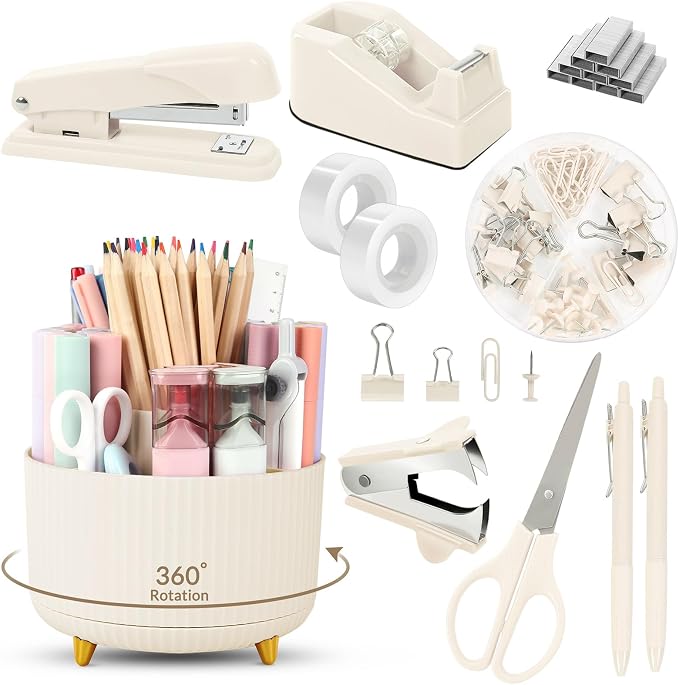 SKYDUE Desk Organizer Set with 360° Rotating Pen Holder | Includes Stapler, Scissors, Tape Dispenser, Clips, Pins & Accessories, For Home Office, School, Teacher