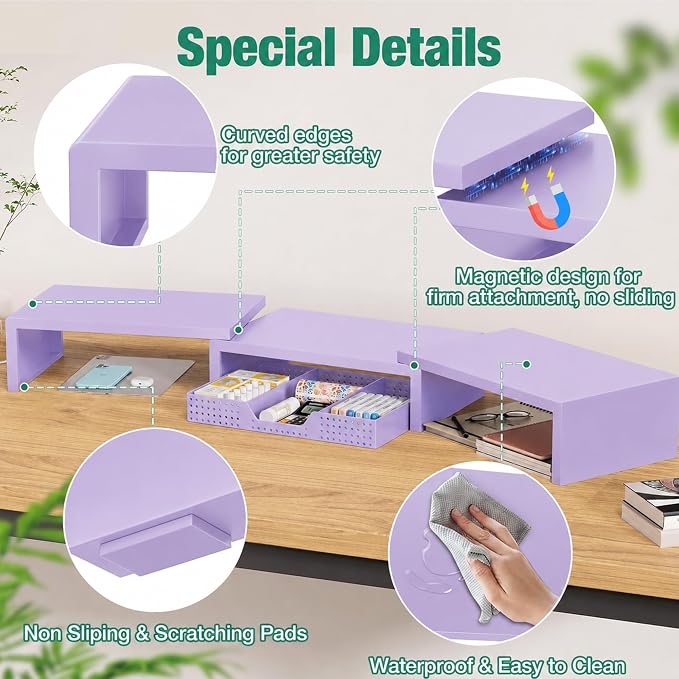 Dual Computer Monitor Stand Riser, Desk Organizer with Drawer, Office Desk Accessories & Workspace Organizers for Home Office Supplies, Purple
