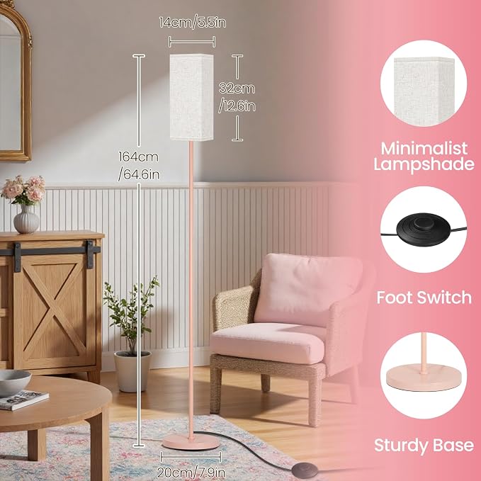 64.6" Floor Lamp, Pole Lamp with Foot Switch, Modern Standing Lamp Shade, Minimalist Freestanding Lamp (Bulb Not Included), for Living Room, Bedroom Office ETL Listed,Pink and Beige PE07LD05
