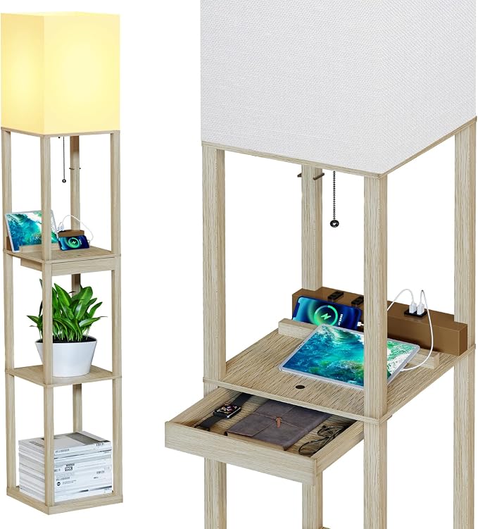 SUNMORY Floor Lamp with Shelves,Modern Dimmable Wood Standing Lamp with 1 Drawer and 2 USB Ports & 2 Power Outlet,Corner Tall Bookshelf Lamp for Living Room and Bedroom(Wood Color) | 1 Drawer & 2 USB Ports & 2 Power Outlet, 3 CTT Bulb, Modern Dimmable ...