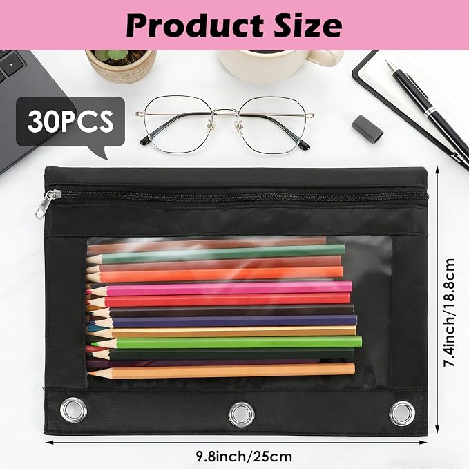 30Pack 3 Ring Binder Pencil Pouch with Zipper Black, Clear Window Pen Holder Case for Office, and Home Organization, Waterproof Oxford Fabric, Fits Standard 3 Ring Binders