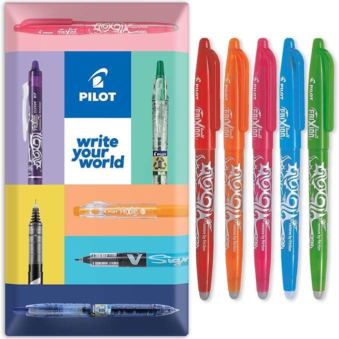 Pilot Frixion Heat/Friction Erasable Rollerball Pen FR7 - Medium Line 0.7mm Tip Nib - Bright Pillow Pack of 5 - Red, Orange, Pink, Light Blue & Lime Green