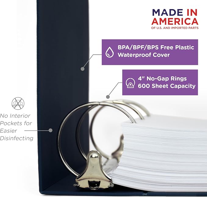 Carstens 4-Inch Heavy Duty 3-Ring Binder - Side Opening, Navy Blue, Durable Plastic, No-Gap Rings, Waterproof Cover, No Pockets, Holds 600 US Letter Sheets, BPA-Free, Made in USA (1849-3R), Case of 10