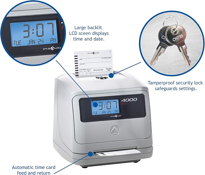 Pyramid Time Systems - Model 4000 Auto Totaling Time Clock - Silver | Electronic Time Punch Clock for Small Business, Includes 25 Time Cards, Ribbon, 2 Security Keys (7.25"h x 7"w x 6.75"d)