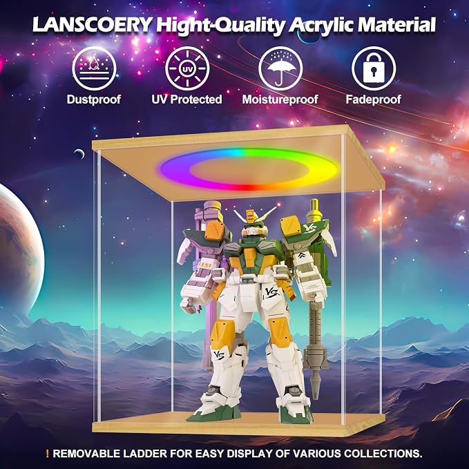 LANSCOERY Acrylic Display Case with RGBW Lights, 3 Tier Wood Finish | 11.8 x 6.3 x 9.4 in case displays small figures on desks or shelves with tiered rows and front access.