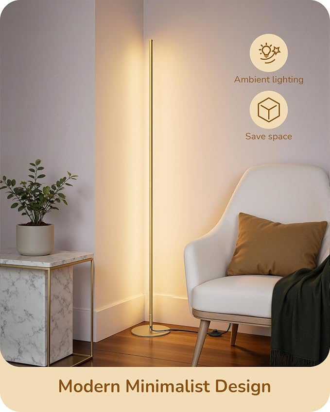 EDISHINE Floor Lamp, Remote Control & Foot Switch Floor Lamps for Living Room, 10%-100% Dimmable Standing Lamp with 7 Color Temperature, 57.5" Tall Corner Floor Lamp for Bedroom, Office, Gold | 2700-6000K, LED Minimalist Modern Floor Lamps for Living R...