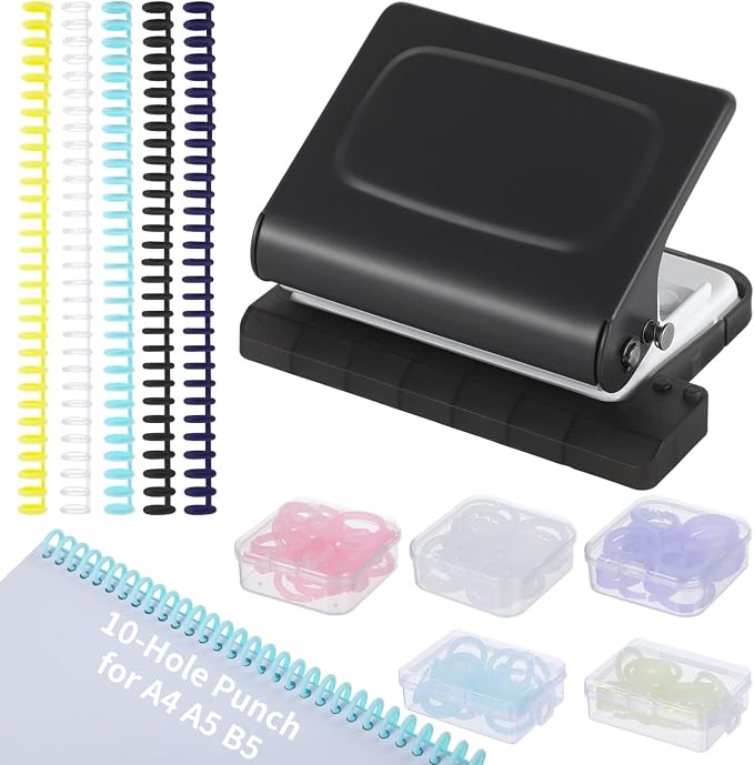 10-Hole Binder Machine Kit, Manual Binding System with 10 Pcs Loose Leaf Binding Spines & 100 Pcs Binder Rings, Binding Machine for Planner, 26 Holes on B5, 30 Holes on A4, 20 Holes on A5