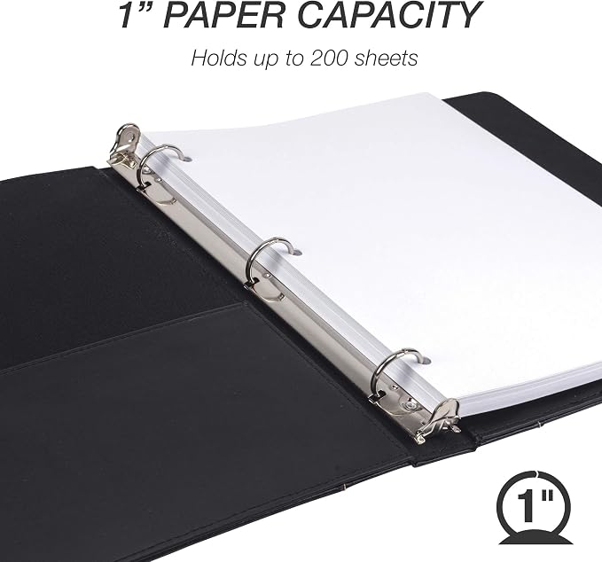 Samsill 1 Inch 3 Ring Binder, Leather, Black with Contrast Stitching, 8.5X 11 Inch, 3 Rings, Notebook Binder, Portfolio Organizer, Planner, Journal