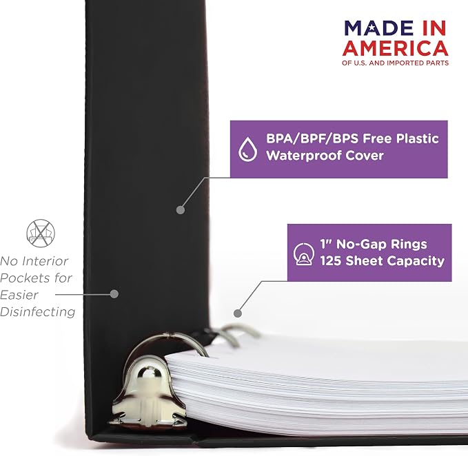 Carstens 1-Inch Heavy Duty 3-Ring Binder - Side Opening, Black, Durable Plastic, Precision No-Gap Rings, Waterproof Cover, No Pockets, Holds 125 US Letter Sheets, BPA-Free, Made in USA (8719-3R)