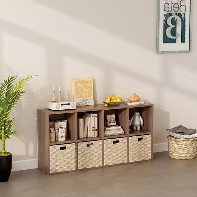 8-Cube Storage Shelf Bookcase, Walnut | Wooden 4-Tier Open Bookshelf, Fits 11×11" Bins, Vertical or Horizontal Use, Full Back Panels, For Home Office