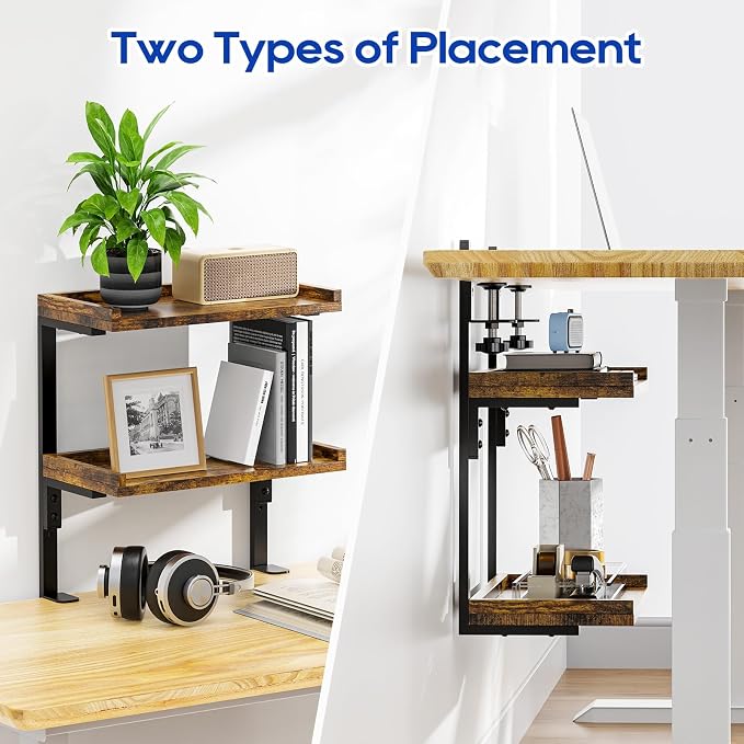 Clamp On Desk Shelf 2-Tier, 12.6 inche Wood Shelving Unit for Office Desk/Gaming Accessories, Tabletop Book Storage Rack, Shelf for Top & Under of Desk, Brown