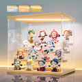 LANSCOERY Acrylic Display Case for Collectibles, 4-Tier LED Light, Wood | 3mm clear acrylic panels with front door access and tri-color top light for small figures on a desk or shelf.