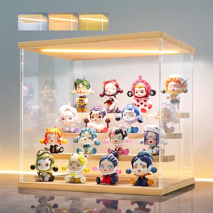 LANSCOERY Acrylic Display Case for Collectibles, 4-Tier LED Light, Wood | 3mm clear acrylic panels with front door access and tri-color top light for small figures on a desk or shelf.