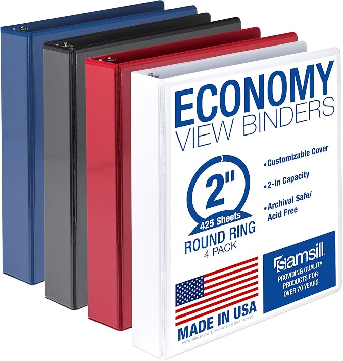Samsill 2 Inch 3 Ring Binders, Economy Round Ring, Clear View Cover, 425 Sheet Capacity - for School, Home, Office - Assorted, 4 Pack