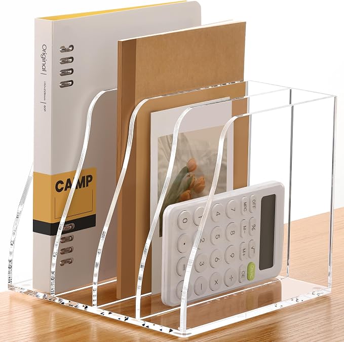 SANRUI Acrylic Magazine File Holder Desk Organizer, Clear 4 Compartments | Workspace Document Sorter, Vertical Folder Rack Binder for Office Home Classroom Tablet, Books & Accessories Storage
