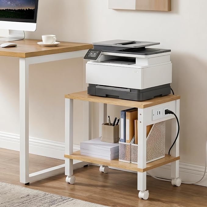 HOOBRO 2-Tier Printer Stand with Charging Station, Under Desk Printer Table, Printer Cart with Storage Shelves, Shelf for Small Spaces, for Home Office, Natural WN38UPS01