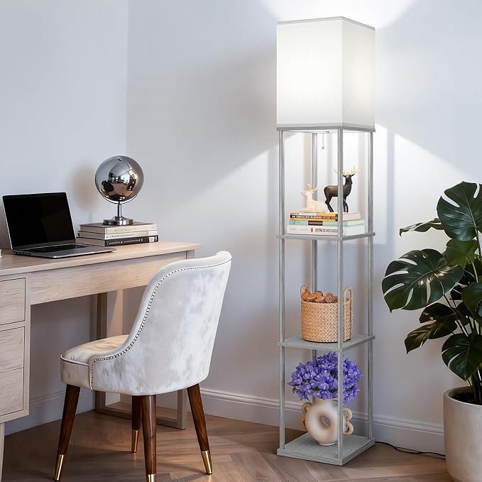 Floor Lamp with Shelves, 3-Tier Square Bookshelf Standing Lamp Dark Grey | 3 Color Temperature Bulb Included, Pull Chain Tall Lamp for Living Room Bedroom Corner Office Apartment Decor