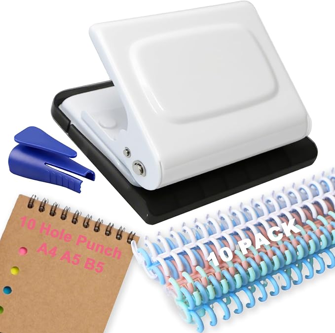 10 Hole Punch Binding Machine for Planner, Manual Binding System with 10 Multi-Color Binder Rings for Making 26 Holes on B5, 30 Holes on A4, 20 Holes on A5 Book, 10 Sheet Capacity - White