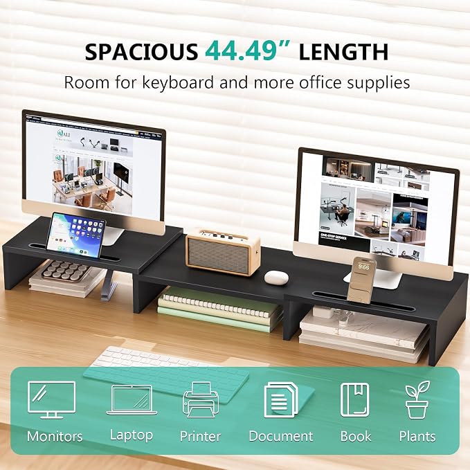 WALI Extra Long Wooden Dual Monitor Stand Riser with 2 Slots, up to 22lbs | Underneath Storage, Adjustable Length & Angle, Multi-Purpose Desktop Organizer Desk Shelf for Home Office PC, Laptop, Printer