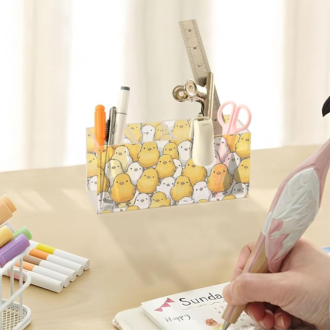 Yellow White Chicken Clear Acrylic Cutlery and Pen Organizer, Acrylic Plastic Pencil Holder Square 4 Compartments Large Capacity Acrylic Pencil Holder Desk Pencil Organizer