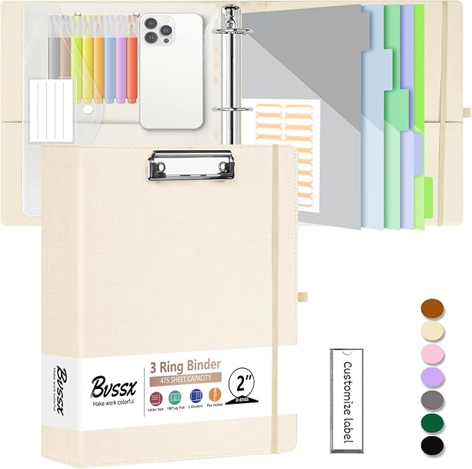2 Inch 3 Ring Linen Binder Organizer, BVSSX Three Ring Binders with Clipboard, Plastic Folder, 5-Tabs Pocket Dividers with Sticker Labels, Pen Loop, Elastic Strap (Beige, Letter Size)