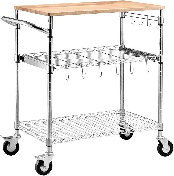 VEVOR Kitchen Utility Cart, 3-Tier Rolling Kitchen Cart with Wood Tabletop and Handle Bar, 661 lbs Capacity Heavy Duty Adjustable Wire Storage Rack, Steel Service Trolley on Wheels, 30 x 18 x 36 in