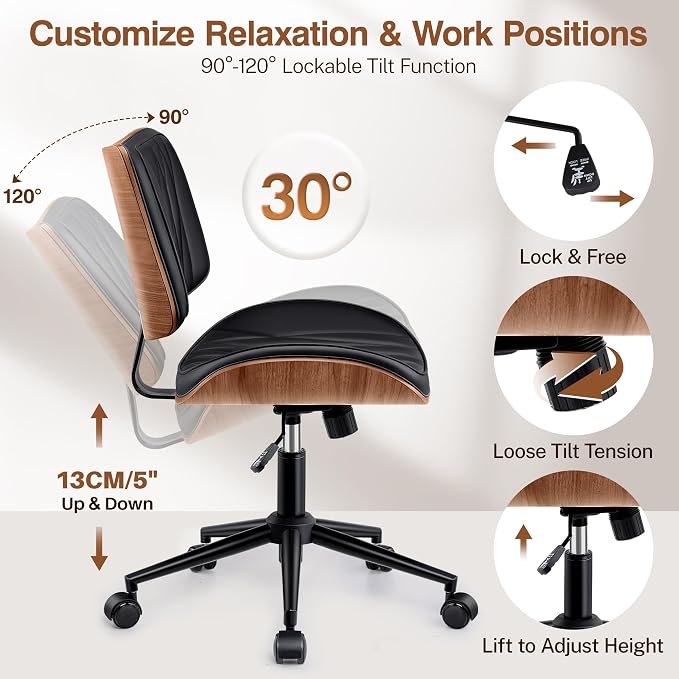 Ergonomic Armless Office Desk Chair - Mid-Century Modern Black Faux Leather with Diamond Stitch, Adjustable Height Swivel Rolling Task Computer Chair with Walnut Accent for Home Office, Study & Work