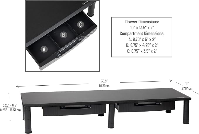 Mind Reader Dual Monitor Stand, Height Adjustable, Desktop Organizer, Laptop Riser, Office, 38.5"L x 11"W x 2.55-6.5"H, Black