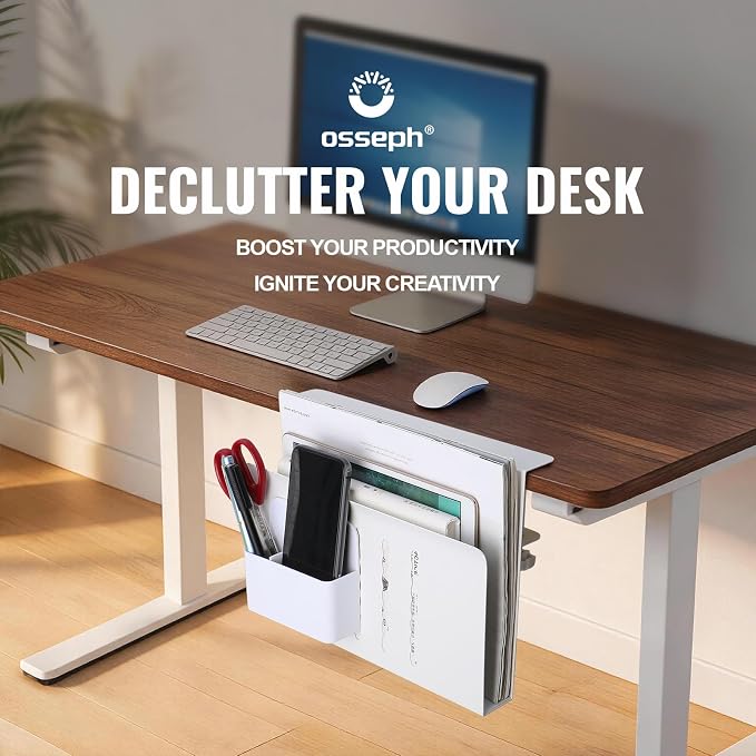 Desk Side Storage, Under Desk Hanging Storage | Standing Desk Organizer with Magnetic Pen Slot, No Drill Clamp to 0.5-2.38" Desks, 22 Lbs Carbon Steel (White)