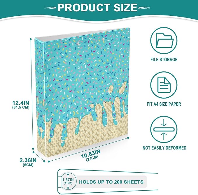 3 Ring Binder Teal Blue Ice Cream Print 1.5" Round Ring Binders View Binder with 200 Sheet for Kids School Supplies Women Men Office, 1 Pack