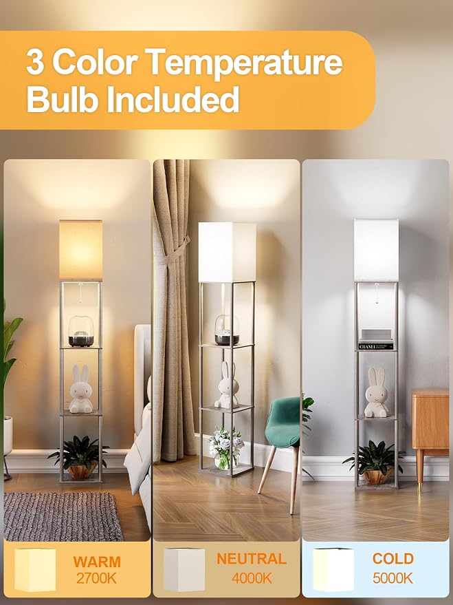 Floor Lamp with Shelves for Living Room 2 Pack Oak Gray, Shelf Floor Lamp with 3 CCT LED Bulb, Corner Display Standing Column Lamp Etagere Organizer Tower Nightstand with White Linen Shade for Bedroom