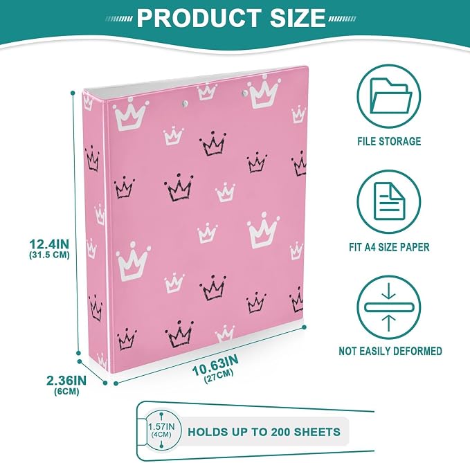 Black and White Crowns 1.5 Inch Binders 3 Ring for Letter Size Holds 200 Sheets Notebook Binder with Clipboard for Women or Men