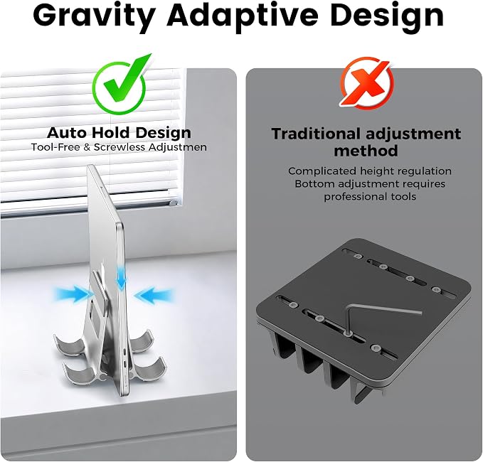Aluminum Vertical Laptop Stand for Desk, Auto-Locking Adjustable Dock Holder with Dual Slots for Tablet & Phone, Space-Saving Upright Organizer Fits MacBook Pro/Air, Dell, HP, Chromebook (Silver)