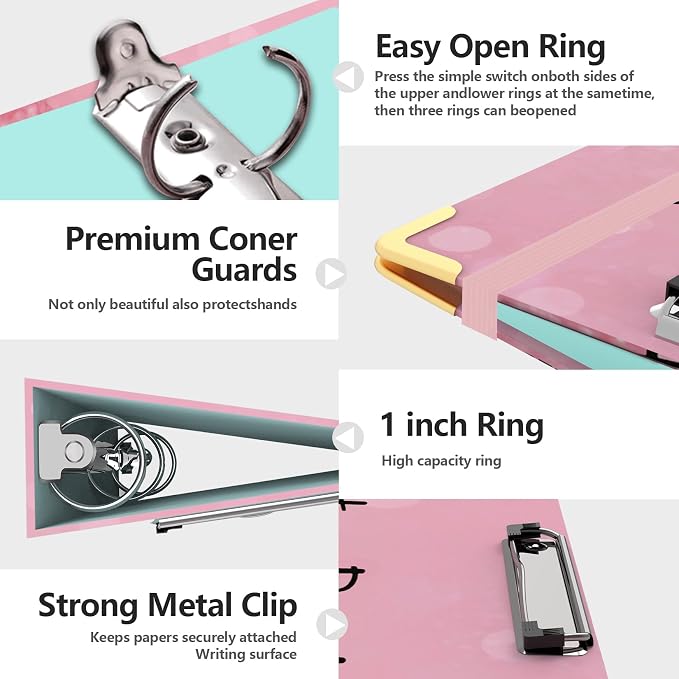 3 Ring Binder 1 Inch Round Rings for Letter-Size Paper with Profile Clipboard, Cute Three Ring Binders Folders Organizer for Office School Supplies(Stay Positive)