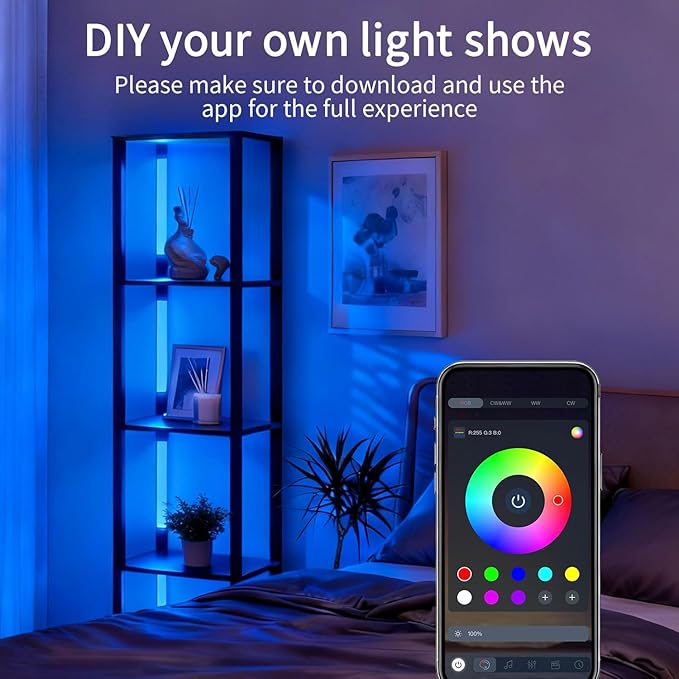 RGBCW Floor Lamp with Shelves, LED Smart Modern Floor Lamp with Music Sync, Color Changing Corner Display Shelf Lamp, Standing Lamp with Shelves for Living Room and Bedroom, Office, Black