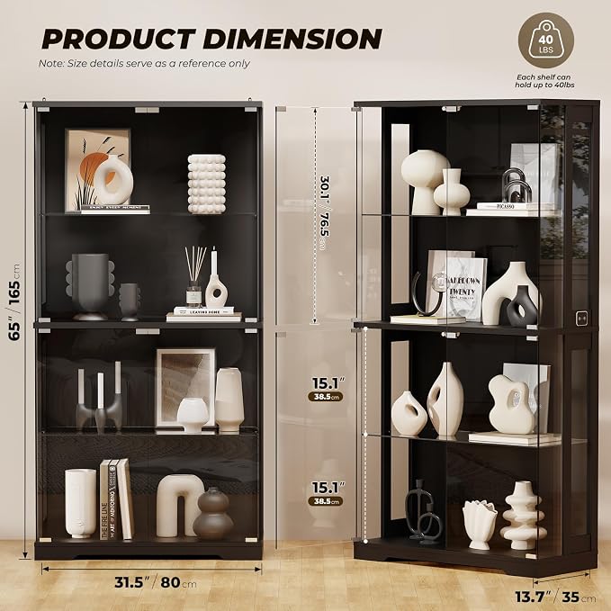Glass Display Cabinet with Doors and Lights, 4-Tier Curio Cabinet, Black | Display Case with Transparent Full-Display Surface for Collectibles, Storage Cabinets with Human Body Sensor for Living Room