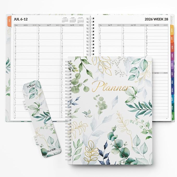 SUNEE 2026-2027 Appointment Book, Quarter-Hourly, Weekly & Monthly - from July 2026 to June 2027, 8.5"x11" Academic Planner, Flexible Cover, Note Pages, Bookmark, Spiral Binding, Greenery